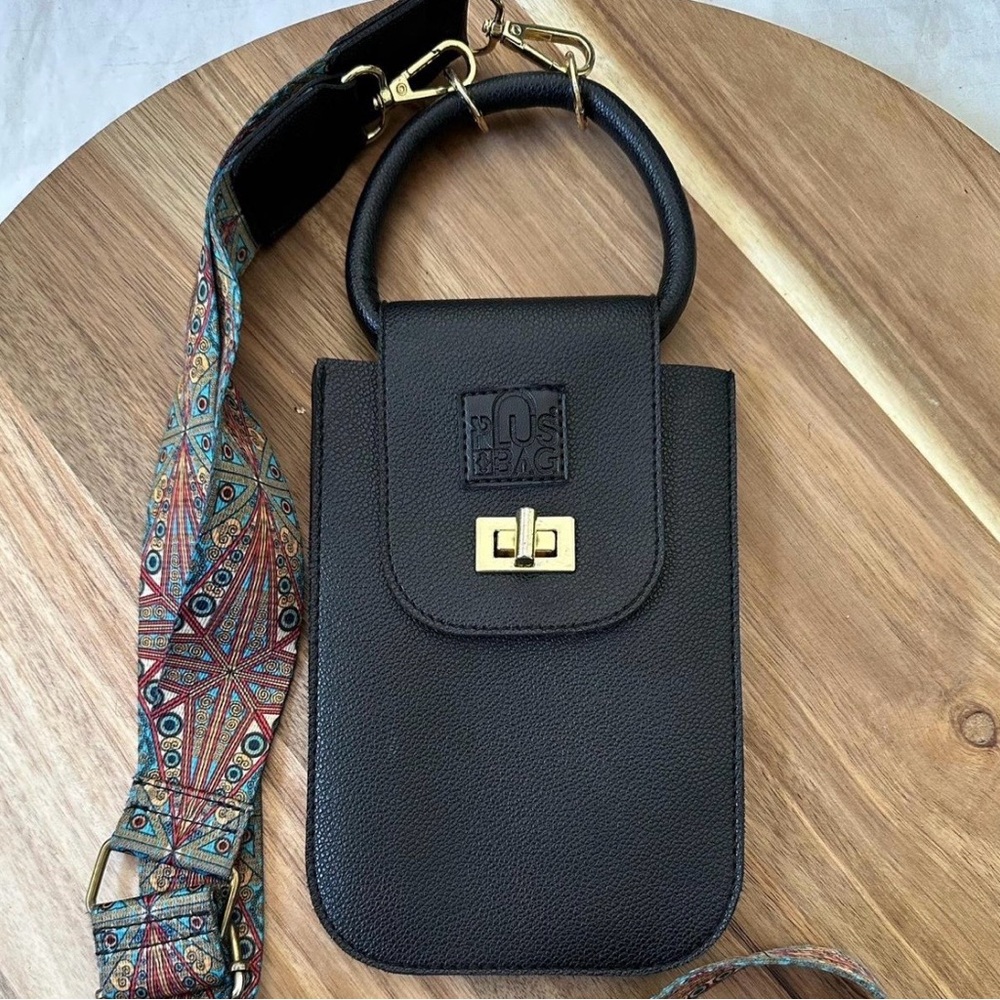 Black Mini Crossbody Phone Bag with Patterned Strap